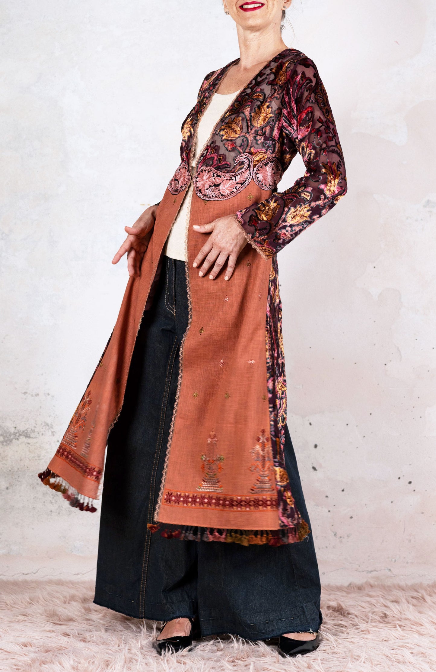 LACE&SCARF V-NECK INCROSTATO COAT