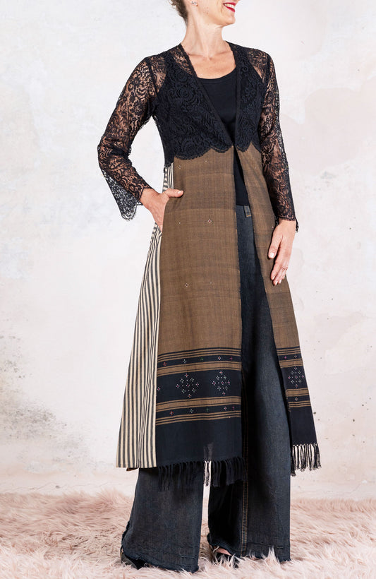 LACE&amp;SCARF V-NECK ENCRUSTED COAT