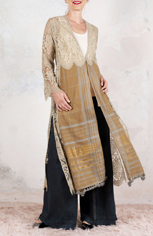 LACE&amp;SCARF V-NECK ENCRUSTED COAT