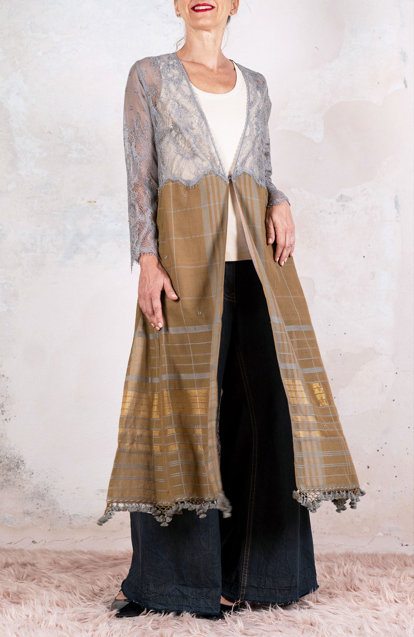 LACE&SCARF V-NECK INCROSTATO COAT