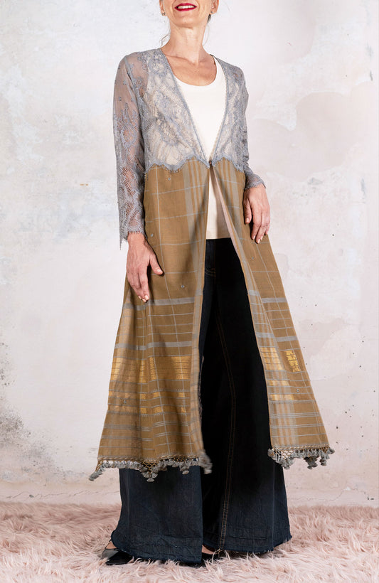 LACE&amp;SCARF V-NECK ENCRUSTED COAT