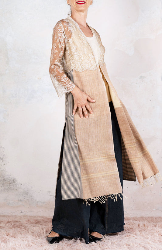 LACE&amp;SCARF V-NECK ENCRUSTED COAT