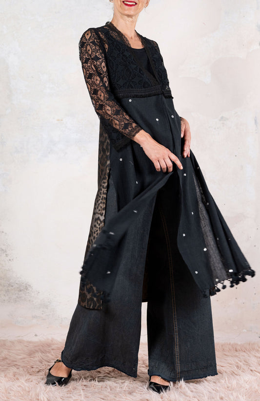 LACE&amp;SCARF V-NECK ENCRUSTED COAT