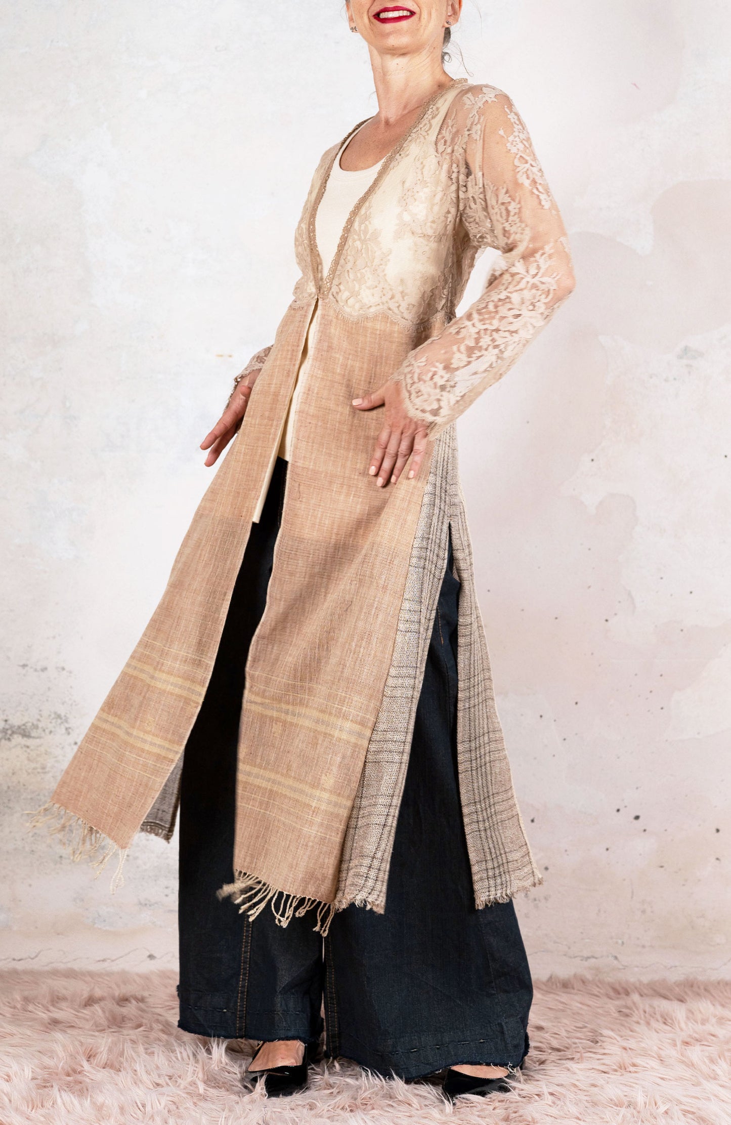 LACE&SCARF V-NECK INCROSTATO COAT