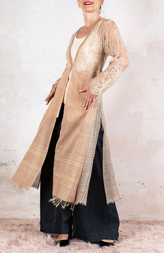 LACE&amp;SCARF V-NECK ENCRUSTED COAT